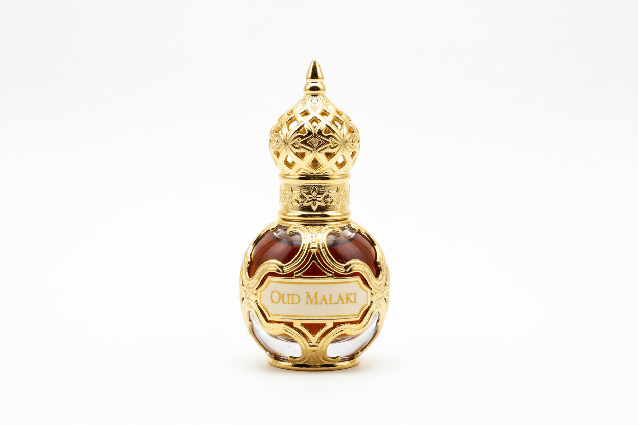 oud malaki 3ml attar bottle on white background